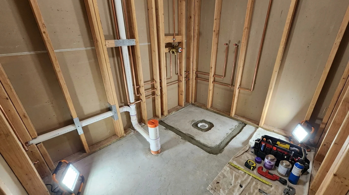 Bathroom rough-in plumbing during remodel by Johns Plumbing LLC in Locust Fork