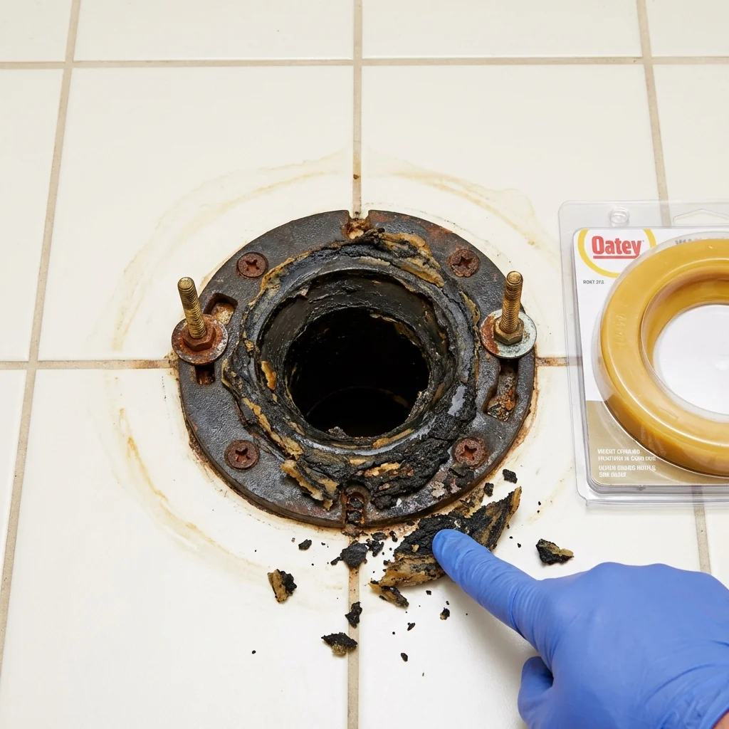 Failed wax ring showing water seepage at the base of a toilet in a Locust Fork, AL home