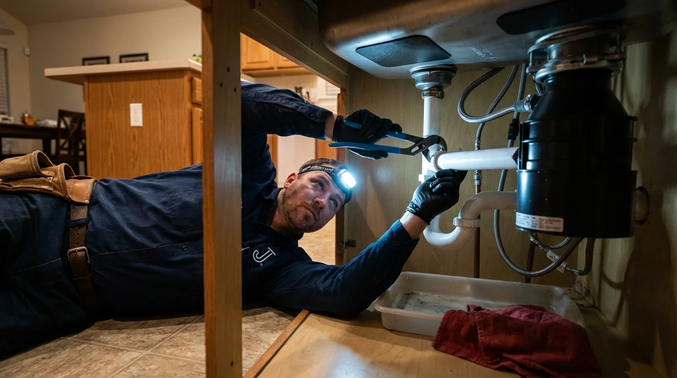 P-trap and supply line connections under a kitchen sink showing a common leak point in Locust Fork, AL